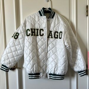 Quilted Chicago jacket with 98 on the right sleeve.